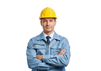 Smiling construction worker wearing yellow hard hat and blue uniform with arms crossed isolated on transparent background