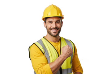 Smiling construction worker wearing a yellow hard hat and high visibility vest giving a thumbs up gesture isolated on transparent background