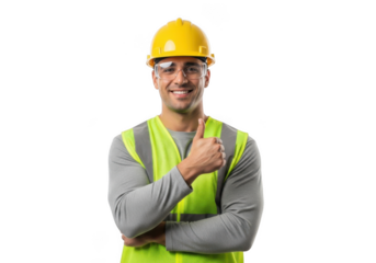 Smiling construction worker wearing yellow hard hat and high visibility vest pointing with his finger isolated on transparent background