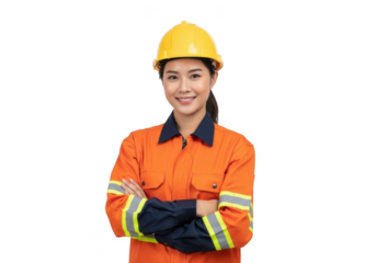 A smiling female construction worker wearing a yellow hard hat and orange safety uniform with reflective stripes isolated on transparent background
