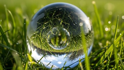 Macro Shot of a Clear Crystal Ball Reflecting Vibrant Green Grass and Distorted Sky