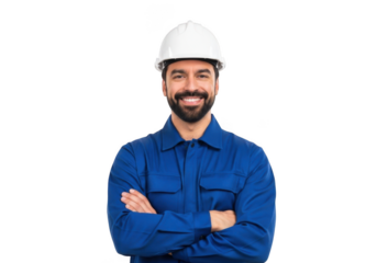 Smiling construction worker with beard wearing blue uniform and white hard hat with arms crossed isolated on transparent background