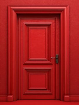 Vibrant Closed Red Entrance. Three-Dimensional Isolation of a Solid Doorway