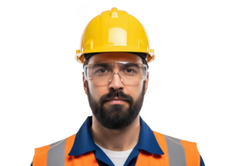 Serious bearded man wearing yellow hard hat safety glasses and orange vest isolated on transparent background