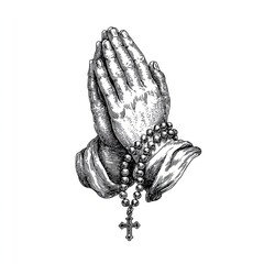Engraving sketch of folded hands in prayer with rosary beads and cross symbolizing faith and devotion