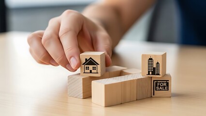 Real Estate Blocks: Hand Arranging Home, Apartment & "For " Icons on Wooden Cubes