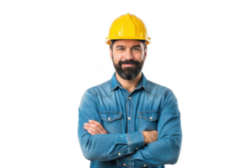 A smiling construction worker with a beard wearing a yellow hard hat and a blue denim shirt with arms crossed isolated on transparent background