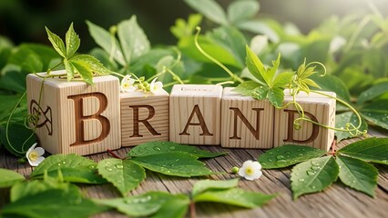 Rustic Wooden Blocks Spelling "Brand" Surrounded by Fresh Green Foliage and White Flowers