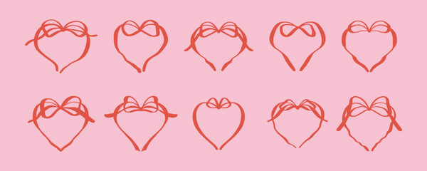 Set of pink heart bow ribbon frames in girly coquette style. Flirtatious hand drawn doodle red romantic border for valentines day cards, wedding invitations, birthday designs, bachelorette party