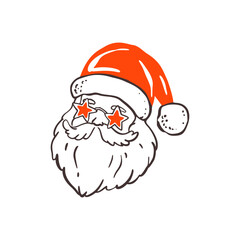 Funky Santa head with star sunglasses and red hat. Disco Christmas character illustration for party cards, quirky holiday posters and festive winter celebrations. Retro winter cartoon greeting card