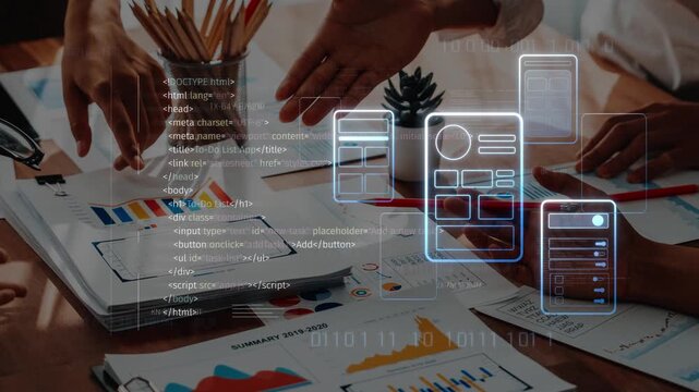 A dynamic office scene capturing teamwork and collaboration. Hands engage with digital interfaces while analyzing charts and data, promoting creativity and innovation. Raster