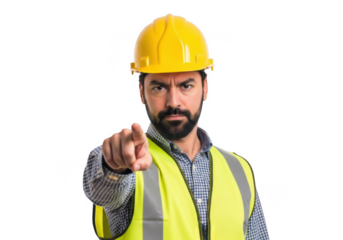 Serious construction worker wearing a yellow hard hat and high visibility vest pointing directly at the viewer isolated on transparent background