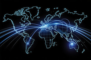 Blue global business network and communication technology concept map with light and data illustration