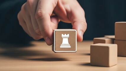 Strategic Rook Placement: Hand Positioning Chess Piece on Wooden Block Game Strategy Board