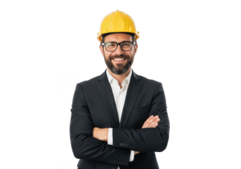 Smiling bearded man wearing yellow hard hat and dark suit with arms crossed isolated on transparent background