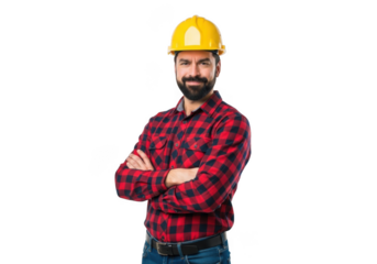 A confident bearded construction worker wearing a yellow hard hat and red plaid shirt with arms crossed isolated on transparent background