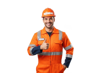A smiling construction worker wearing a bright orange safety jumpsuit and hard hat gives a thumbs up gesture isolated on transparent background