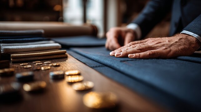Tailor sewing black cloth for suit with needle and thread - Powered by Adobe
