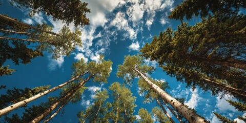 Vertical Perspective of Majestic Trees Reaching for a Bright Blue Sky with Fluffy Clouds in Calgary, Alberta, on a Sunny Day