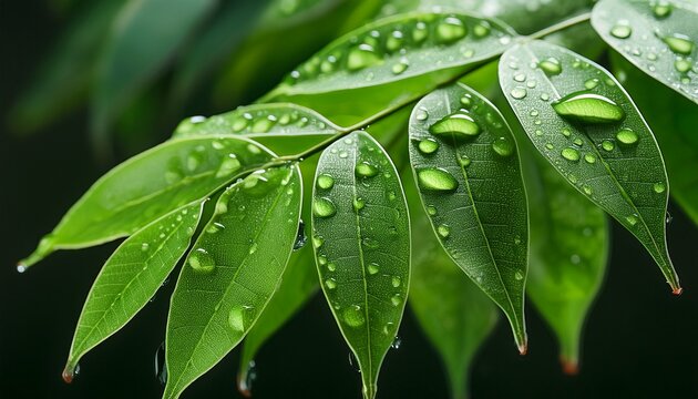 close up of wet leaves droplets