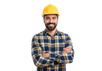 A smiling construction worker wearing a yellow hard hat and plaid shirt with arms crossed isolated on transparent background