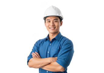 Smiling asian male construction worker wearing a white hard hat and blue collared shirt with arms crossed isolated on transparent background