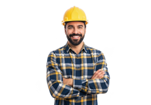 A smiling construction worker wearing a yellow hard hat and plaid shirt with arms crossed isolated on transparent background - Powered by Adobe