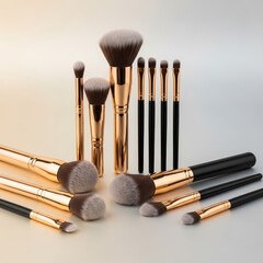 Professional makeup brush set with soft synthetic bristles and elegant gold-black handles arranged for beauty routine, cosmetic application and skincare accessory presentation