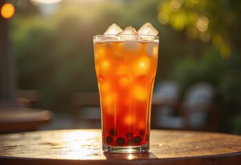 Bright Orange Thai Iced Tea Vibrantly Mixed over Ice in Rustic Setting with Creamy Swirls