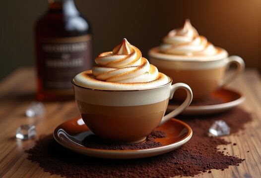Bold Irish Cream Liqueur Coffee Blend Spirals in Porcelain Cups Creamy Clouds of Foam on Dark Espresso Grounds