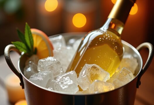Chilled White Wine in Elegant Ice Bucket Surrounded by Luxury Details