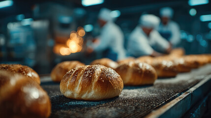 Freshly baked artisan bread rolls moving along a modern conveyor belt system in a commercial bakery with professional bakers overseeing the efficient food production process