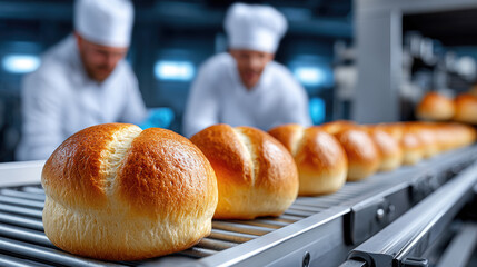 Warm bread rolls are traveling on a conveyor belt through an automated production line in a commercial bakery, signifying efficient industrial food processing and quality control