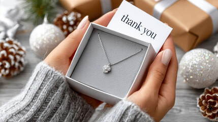 Woman's hands are receiving an open jewelry gift box, revealing a sparkling silver necklace with a brilliant crystal pendant and a thank you note, conveying appreciation during a festive celebration
