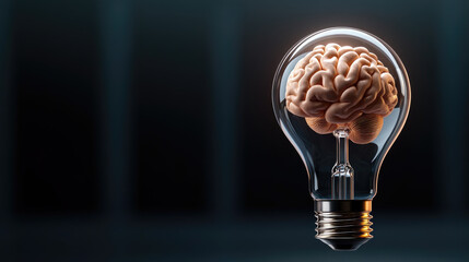 Human brain enclosed within a light bulb, symbolizing the origin of innovative ideas, a bright mind generating solutions, and the power of human intellect for creating new developments