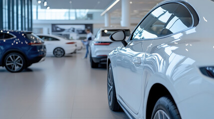 Modern car showroom displaying electric vehicles. Highlighting new car models with sleek designs. While sales professionals engage with potential buyers discussing purchase options and future mobility
