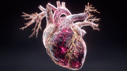 Human heart visual representing intricate cardiovascular system function, highlighting blood flow dynamics and anatomical structure for medical education and research applications