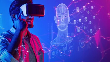 A young man explores the world of virtual reality with impressive goggles in a vibrant environment filled with data visualizations and holographic images. Raster - Powered by Adobe