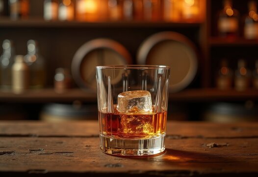 Crystal Tumbler Displaying Neat Whiskey Aged Barrel Authenticity Noble Charisma
