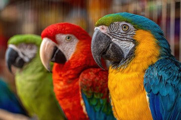 Obraz premium Vibrant Close-Up of Colorful Pet Birds in Cage, Sunlit Morning at the Pet Store