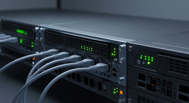 Powerful server unit with connected cables and blinking green lights for secure data processing and modern technology solutions in your business network - Powered by Adobe