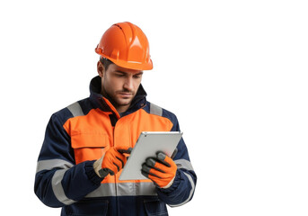 Construction worker wearing orange hard hat and safety vest using a digital tablet for work tasks isolated on transparent background