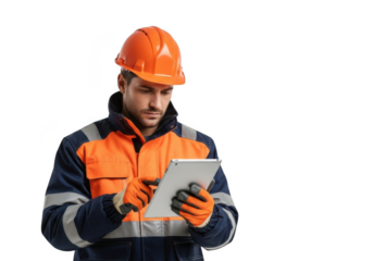 Construction worker wearing orange hard hat and safety vest using a digital tablet for work tasks isolated on transparent background
