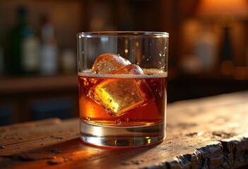 Elegant Bourbon Whiskey Served in a Crystal Rocks Glass on a Rustic Wooden Bar Top