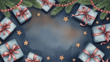 Gift boxes, pine branches, and golden stars on a dark background. Christmas and New Year holiday greeting card. Concept of celebration.
