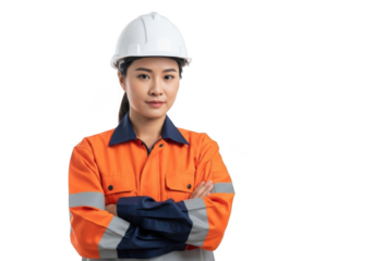 Professional asian woman wearing white hard hat and orange work uniform with crossed arms isolated on transparent background
