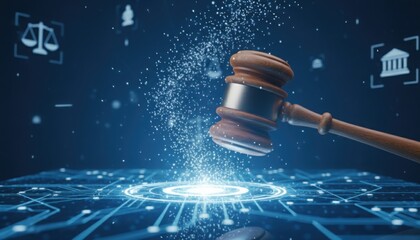 A symbolic digital justice concept featuring a wooden gavel striking a luminous virtual interface conveys technological authority and futuristic legal interpretation