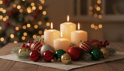 A festive arrangement of glowing candles surrounded by colorful Christmas ornaments and evergreen accents creating a warm serene holiday centerpiece for winter evenings