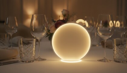 A glowing circular table lamp radiating warm ambient light amid glassware and elegant table decor creating a serene atmosphere ideal for refined dining moments and intimate evening gatherings