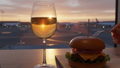 A glass of white wine and a cheeseburger served at an airport lounge during a calm sunset with golden reflections on the glass creating a relaxed travel oriented dining atmosphere